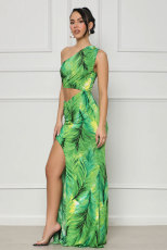 Sexy Slash Shoulder Print Split Two Piece Skirts Set XHXF-399