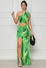 Sexy Slash Shoulder Print Split Two Piece Skirts Set XHXF-399
