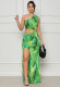 Sexy Slash Shoulder Print Split Two Piece Skirts Set XHXF-399