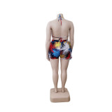 Plus Size Print Tie Up Backless Two Piece Shorts Set QYXZ-9942