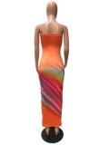 Wrap Chest Colorful Stripe Long Dress 2QZX-6288