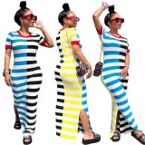 Stripe Color Blocking Split Casual Dress OD-8677