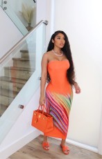 Wrap Chest Colorful Stripe Long Dress 2QZX-6288