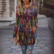 Casual Print Long Sleeve Split Tops ML-7538