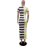 Stripe Color Blocking Split Casual Dress OD-8677