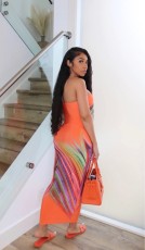 Wrap Chest Colorful Stripe Long Dress 2QZX-6288