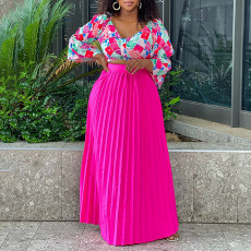 Fashion Print V Neck And Pleated Long Skirt 2 Piece Set GMLF-3262