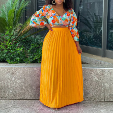 Fashion Print V Neck And Pleated Long Skirt 2 Piece Set GMLF-3262