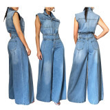 Washed Sleeveless Denim Wide Leg Jumpsuit TR-1300
