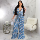Fashion V-neck Press Pleated Print Jumpsuit YF-10705