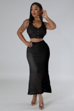 Fishnet Knit Sleeveless Long Skirt 2 Piece Set OSM-4453
