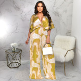 Fashion V-neck Press Pleated Print Jumpsuit YF-10705