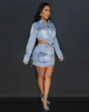 Zipper Tie Irregular Split Denim 2 Piece Skirt Set CM-8711