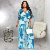 Fashion V-neck Press Pleated Print Jumpsuit YF-10705