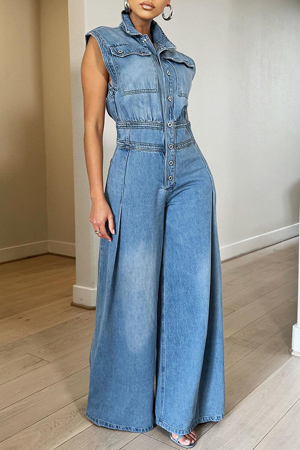 Washed Sleeveless Denim Wide Leg Jumpsuit TR-1300