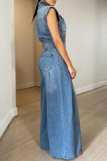 Washed Sleeveless Denim Wide Leg Jumpsuit TR-1300