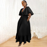 Plus Size V-Neck Ruffle Sleeve Casual Dress NNWF-7982