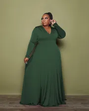 Plus Size Solid Color V Neck Long Sleeve Dress HNIF-OPP085