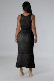 Fishnet Knit Sleeveless Long Skirt 2 Piece Set OSM-4453