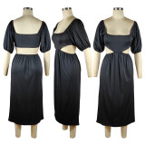 Solid Lantern Sleeve Hollow Out Midi Dress TE-4666