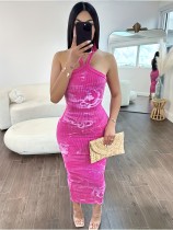 Sexy Halter Tie Up Print Slim Midi Dress MOF-607