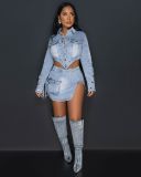 Zipper Tie Irregular Split Denim 2 Piece Skirt Set CM-8711