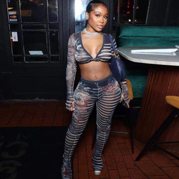 Plus Size Print Tie Up Long Sleeve Two Piece Pant Set YNSF-2639