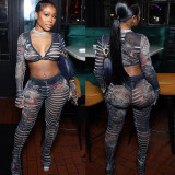 Plus Size Print Tie Up Long Sleeve Two Piece Pant Set YNSF-2639