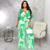 Fashion V-neck Press Pleated Print Jumpsuit YF-10705