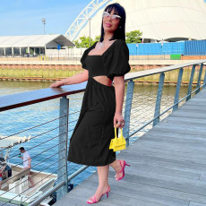 Solid Lantern Sleeve Hollow Out Midi Dress TE-4666