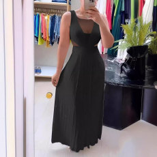 See-through Backless Press Pleated Maxi Dress  NY-10736