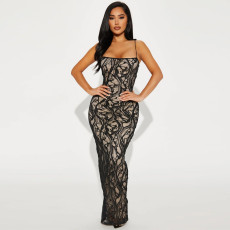 Sleeveless Backless Lace Sling Maxi Dress MUE-8052