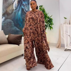 Fashion Print Shawls Tops And Wide Leg Pants 2 Piece Set NY-10732