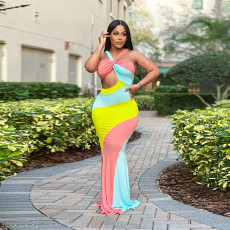 Sleeveless Skinny Color Block Halter Print Dress MUE-8054