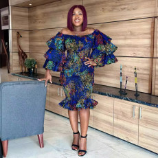 Plus Size Sexy One-shoulder Printed Ruffle Midi Dress NY-10741