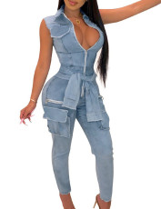 Fashion Denim Tie Up Sleeveless Jumpsuit OD-8684