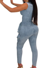 Fashion Denim Tie Up Sleeveless Jumpsuit OD-8684
