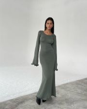 Tie Up Backless Flare Sleeve Maxi Dress GFQS-P0328