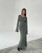 Tie Up Backless Flare Sleeve Maxi Dress GFQS-P0328