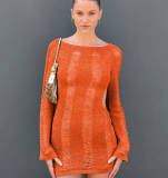 Hollow Out Knit Long Sleeve Mini Dress GFQS-0411