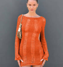 Hollow Out Knit Long Sleeve Mini Dress GFQS-0411