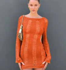 Hollow Out Knit Long Sleeve Mini Dress GFQS-0411