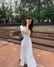 Fashion Patchwork Short Sleeve Knits Maxi Dress GFQS-1390