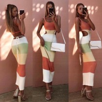 Striped Color Block Backless Knits Bandage Dress GFQS-0408