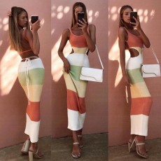 Striped Color Block Backless Knits Bandage Dress GFQS-0408