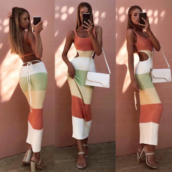 Striped Color Block Backless Knits Bandage Dress GFQS-0408