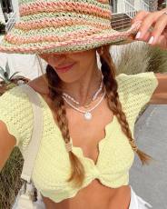 V-Neck Crochet Cutout Crop Top GFQS-0513