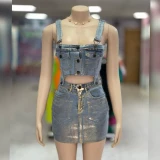 Adjustable Buckle Sling Denim Two Piece Skirt Set YMEF-51075