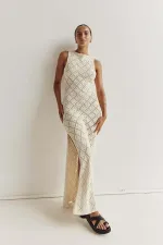 Hollow Out Mesh Knit Split Maxi Dress GFQS-1205