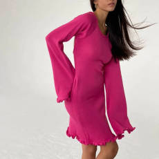 Solid Color Flare Sleeve Knits Midi Dress GFQS-P0327
